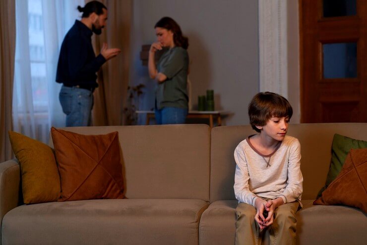 Jeunes parents qui se disputent à la maison devant leur enfant