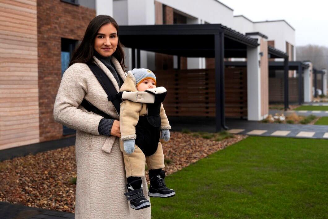 Femme tenant son bébé avec un porte-bébé