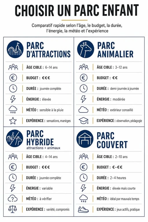 Infographie comparative pour choisir un park enfant selon l’âge, le budget et le type d’expérience