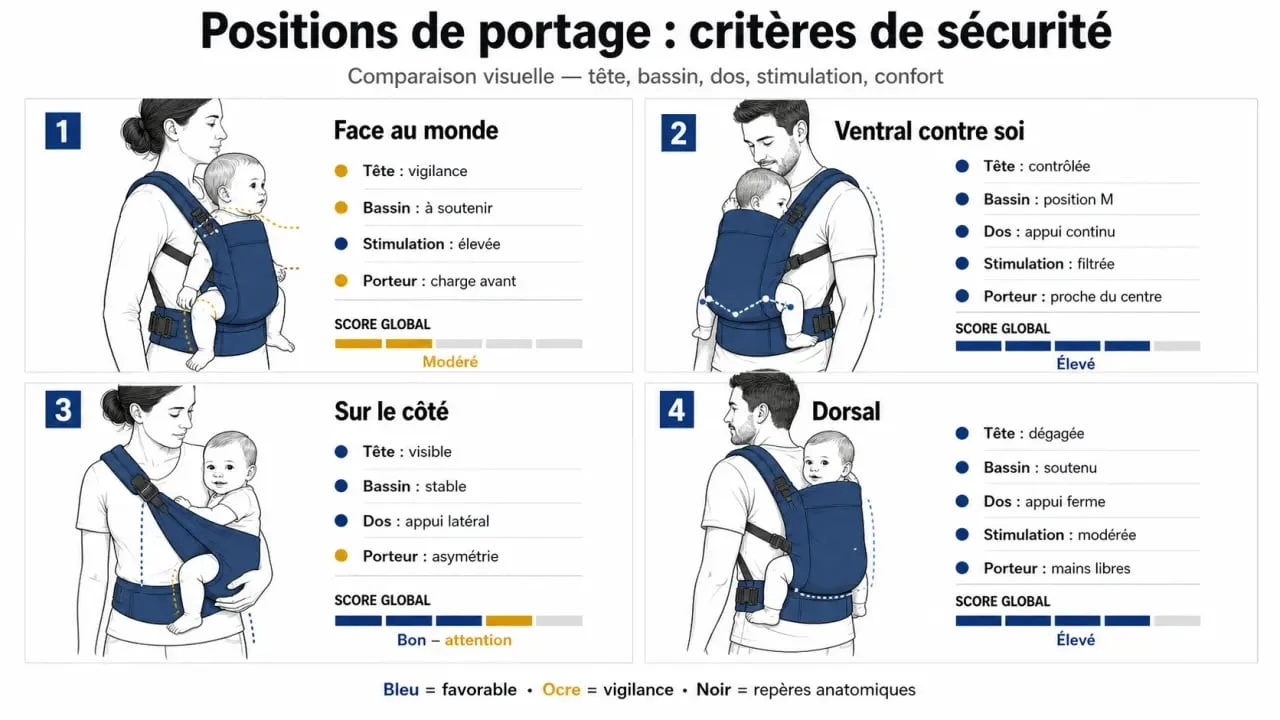 Comparaison des positions de porte bébé face au monde et des alternatives de portage