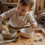 Activité pour les 18 mois : enfant transvase sur tapis, maison