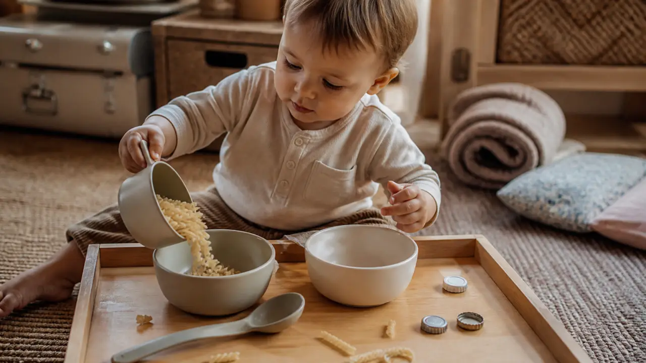 Activité pour les 18 mois : enfant transvase sur tapis, maison