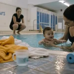 Bébés nageurs Nantes : bébé sur l’eau en bassin couvert