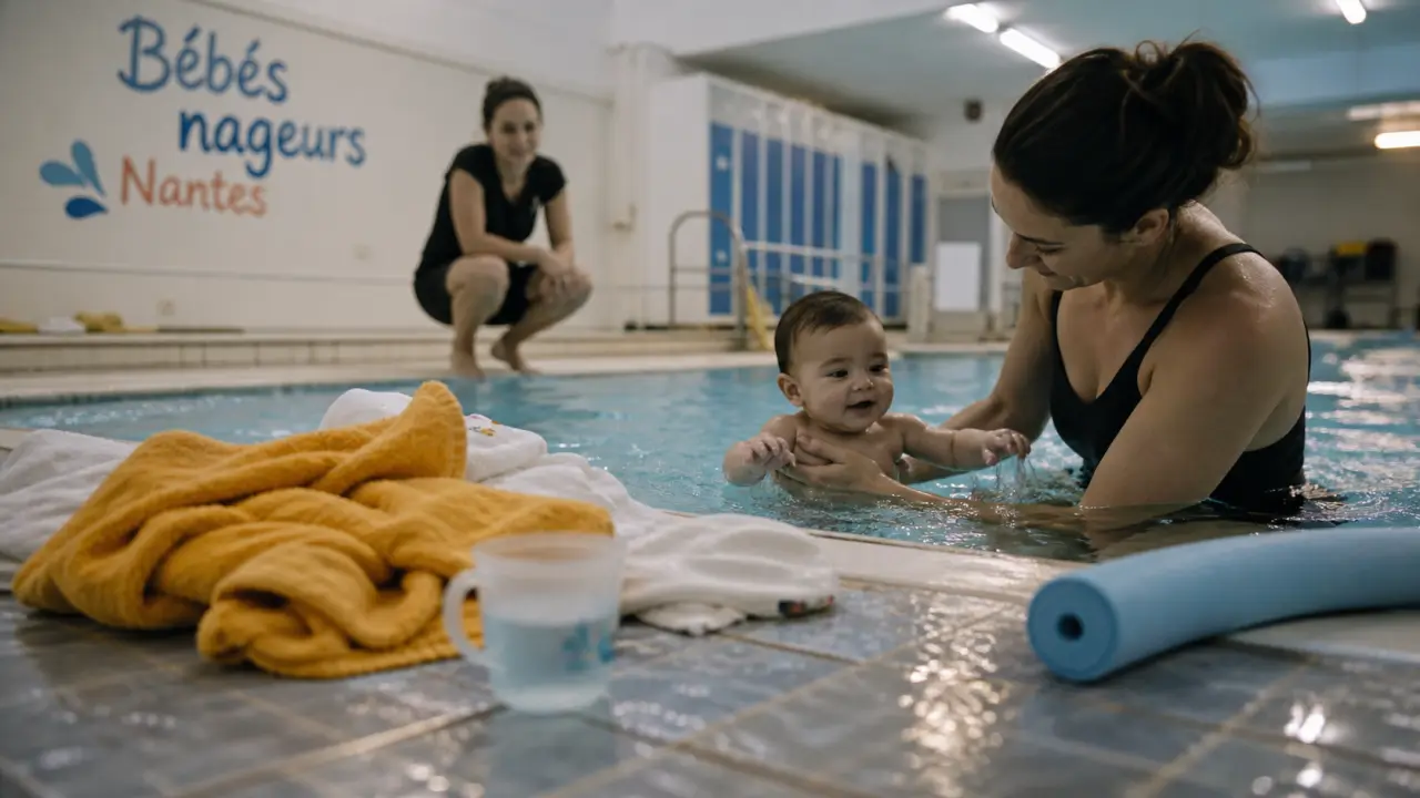 Bébés nageurs Nantes : bébé sur l’eau en bassin couvert