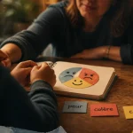 Émotions enfance : enfant montre peur colère calme, adulte apaise