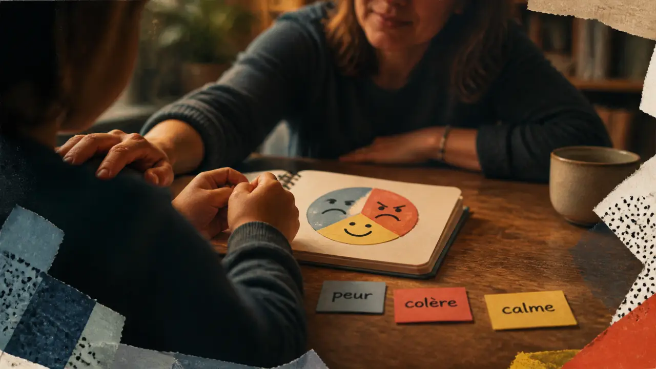 Émotions enfance : enfant montre peur colère calme, adulte apaise