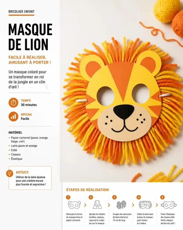 Activité manuelle animaux : masque de lion en papier et laine