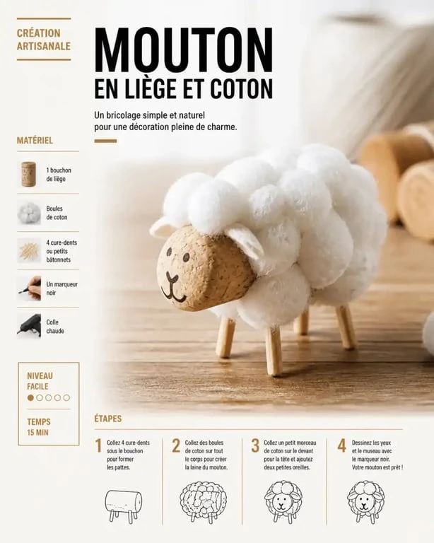 Activité manuelle animaux : mouton en bouchon de liège pour enfant