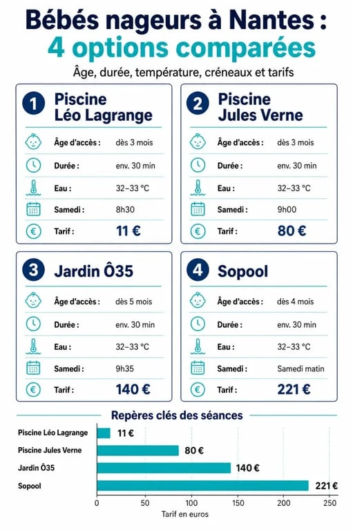 Bébés nageurs Nantes : comparaison visuelle des âges, horaires, prix et températures des séances