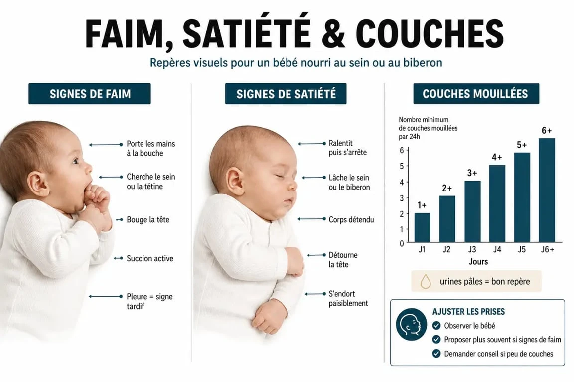 Quantité de lait pour bebe : signes de faim, de satiété et repères de couches à surveiller