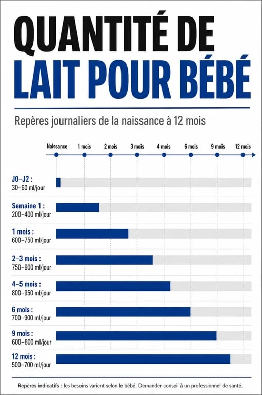 Quantité de lait pour bebe : tableau comparatif des volumes par âge de la naissance à 12 mois