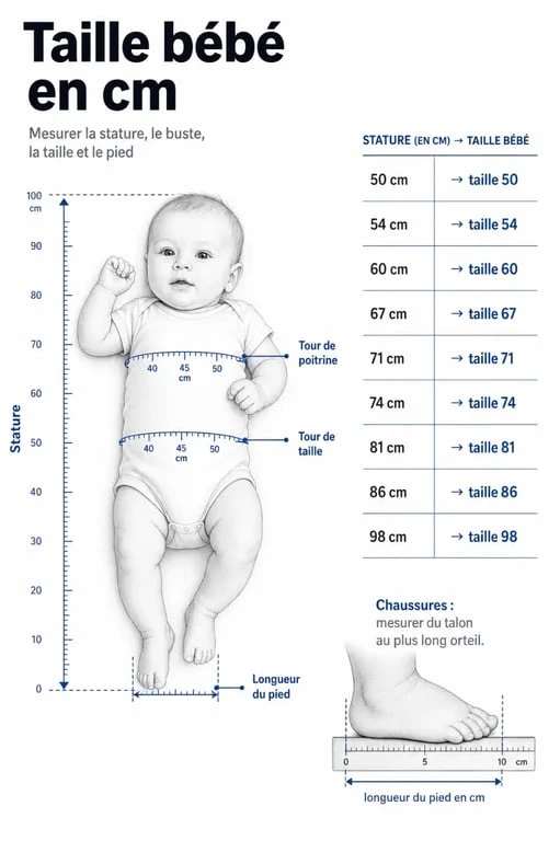 Illustration de la taille bébé en centimètre avec repères de mesure et correspondances de tailles de vêtements
