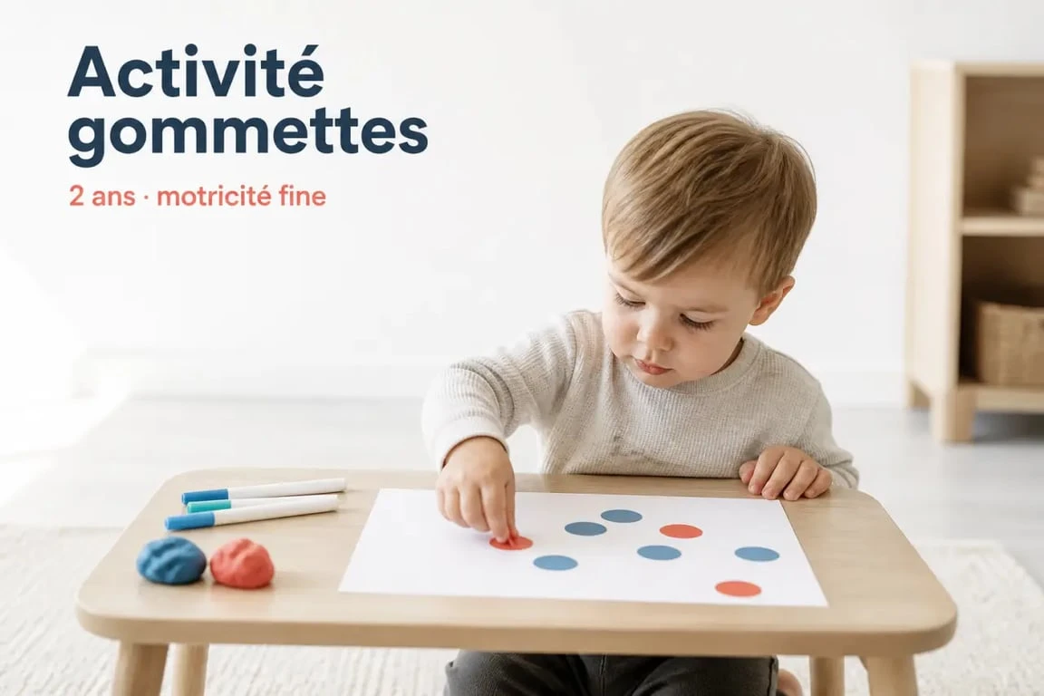 Activité manuelle 2 ans : enfant collant des gommettes sur une grande feuille à table avec matériel sécurisé