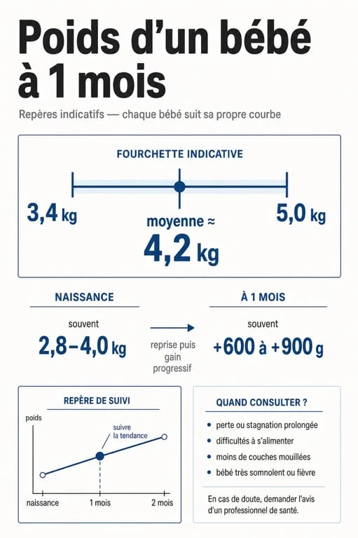 Infographie sur le bebe 1 mois poids avec fourchette normale, moyenne et repères de suivi