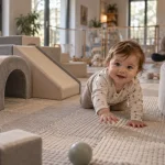 Air de jeux interieur bebe dans un salon : tapis mousse, tunnel et mini toboggan