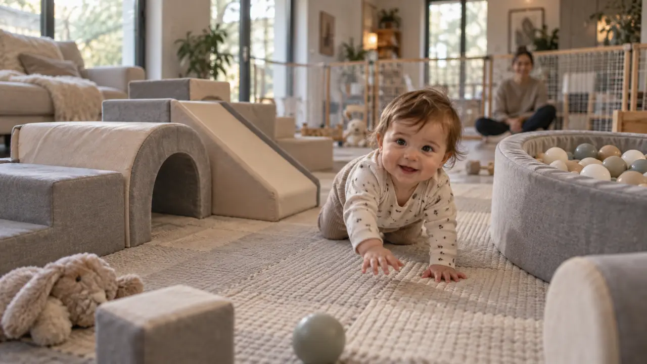 Air de jeux interieur bebe dans un salon : tapis mousse, tunnel et mini toboggan