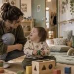 Crèche inclusive : éducatrice aide un enfant pendant que l’autre joue