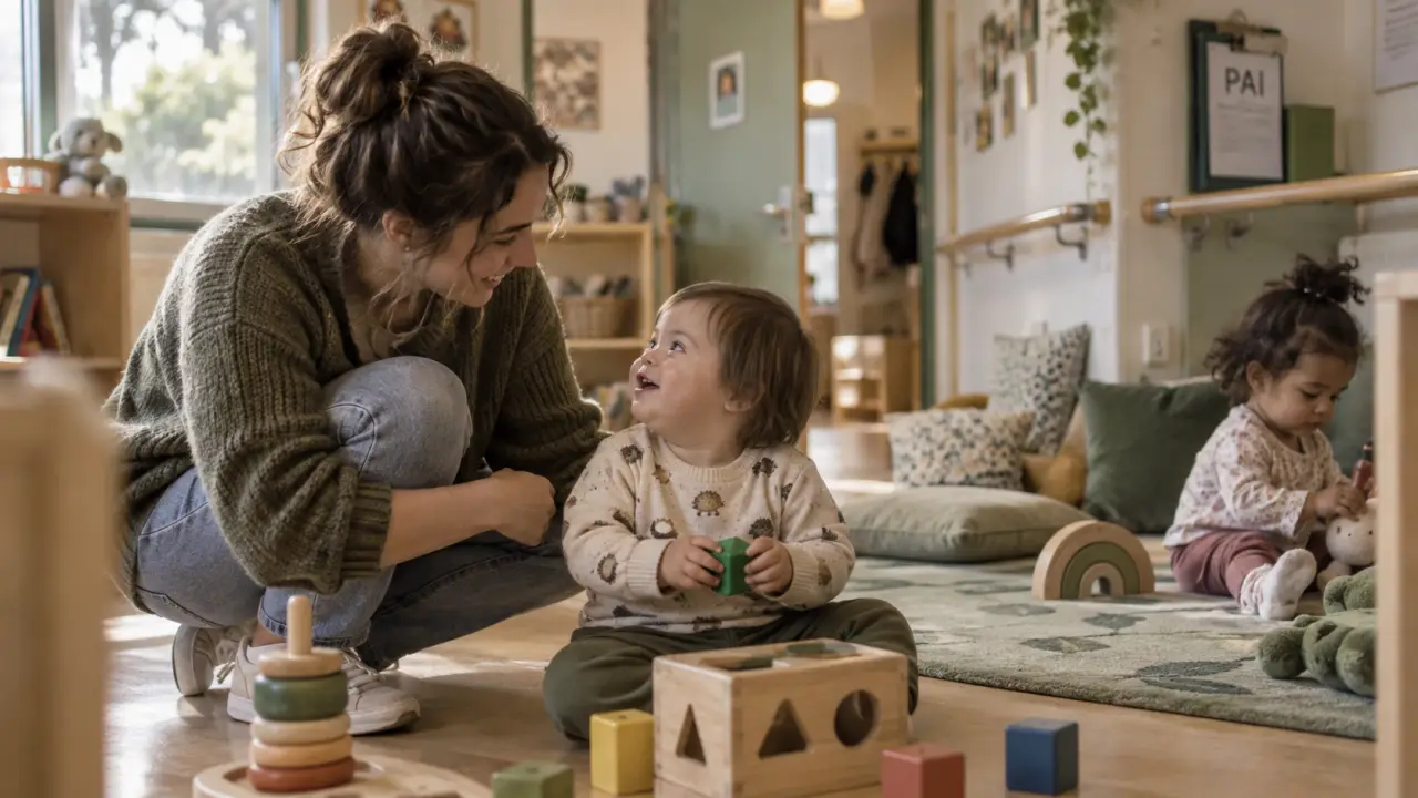 Crèche inclusive : éducatrice aide un enfant pendant que l’autre joue