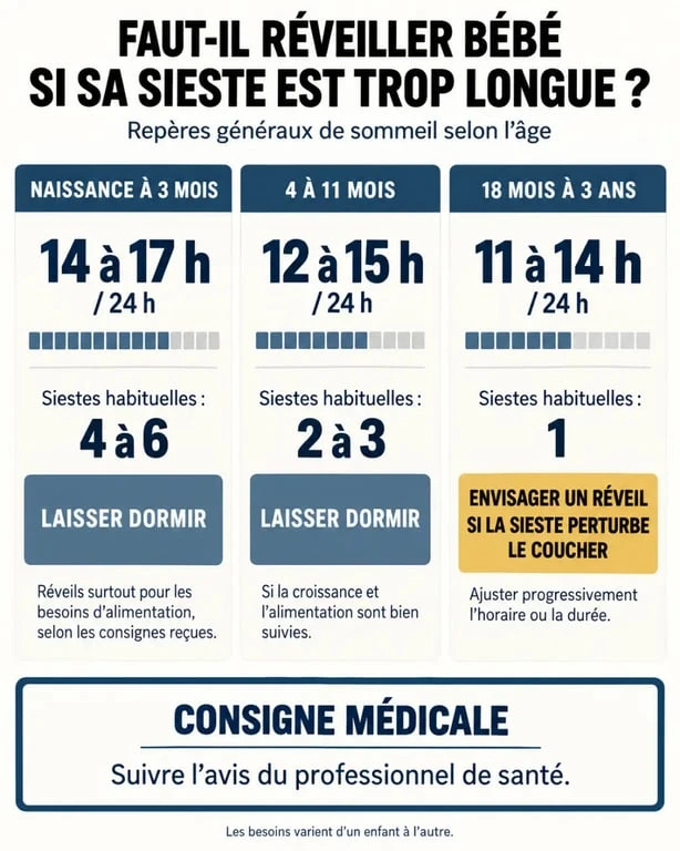 Infographie : faut-il réveiller bébé sieste trop longue selon l’âge et le rythme de sommeil ?