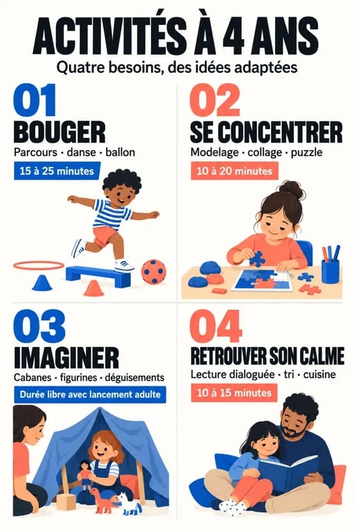 Infographie sur les activités enfants 4 ans selon leur besoin et la durée