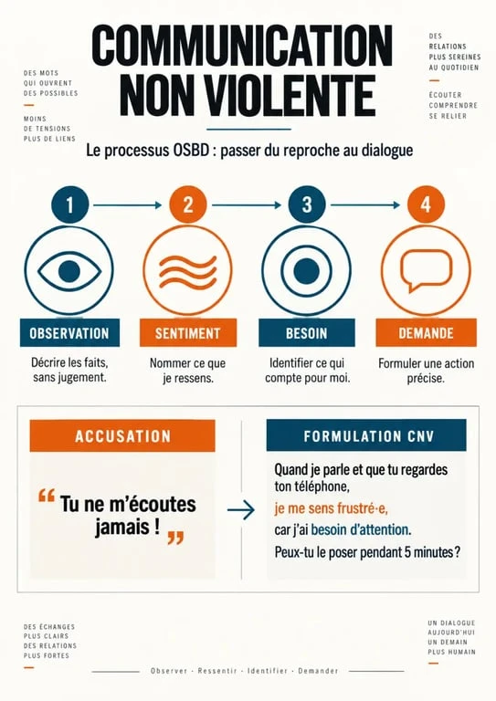 Communication non violente : schéma visuel des quatre étapes OSBD