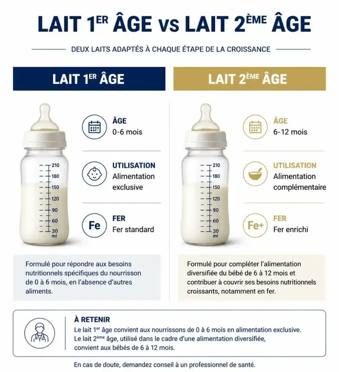 Tableau comparatif des différences entre le lait 1er âge et le lait 2ème âge pour bébé