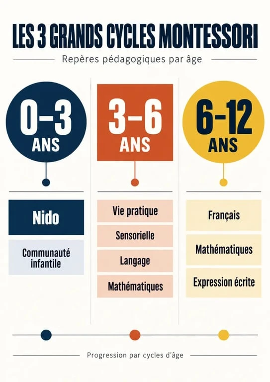 Formation Montessori en ligne : infographie des cycles 0-3 ans, 3-6 ans et 6-12 ans