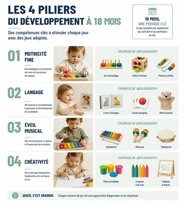 Infographie des jeux éducatifs pour enfant de 18 mois par domaine de développement