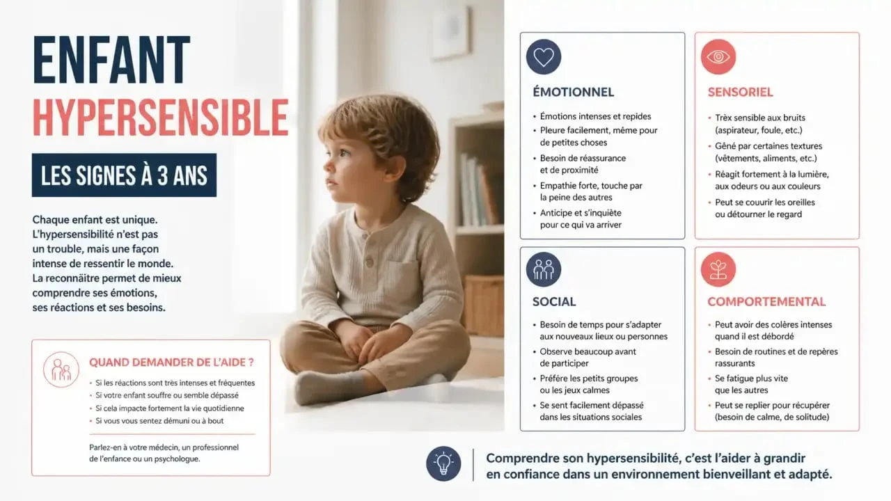 Infographie sur un enfant hypersensible 3 ans : signes émotionnels, sensoriels, sociaux et quand consulter