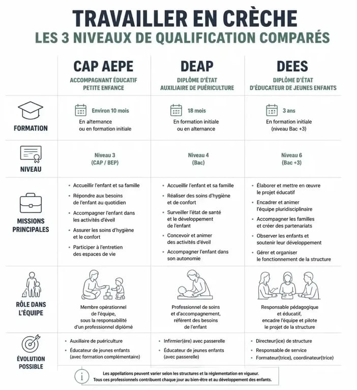 Infographie comparative des diplômes pour un emploi en crèche : CAP AEPE, DEAP et DEES