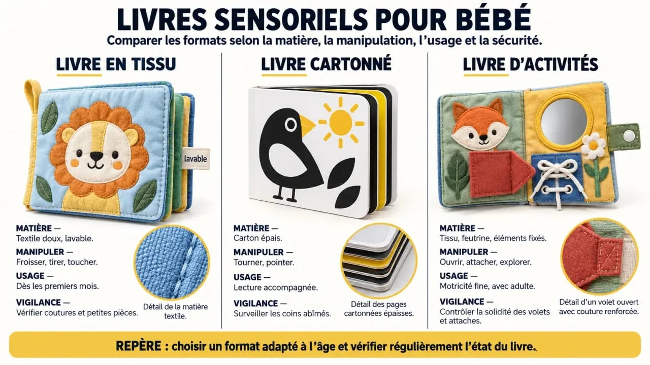 Infographie des formats de livre sensoriel bebe en tissu, cartonné et d’activités