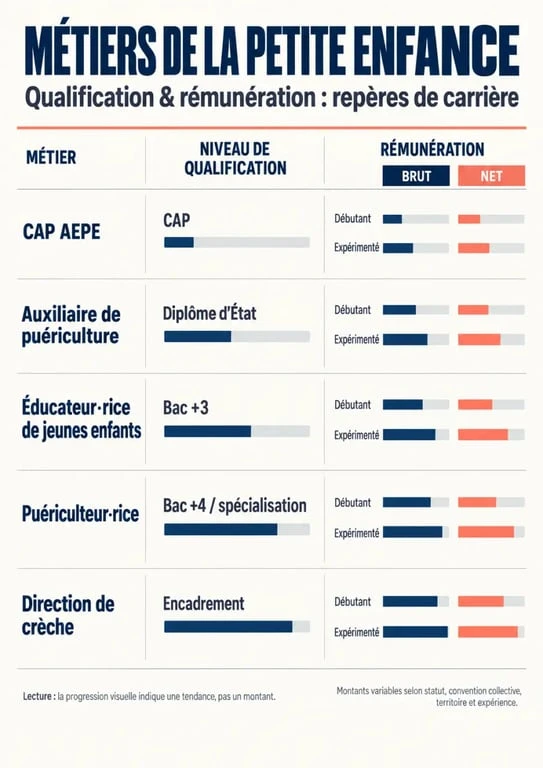 Infographie comparative des métiers petite enfance bien payé selon le diplôme et la rémunération