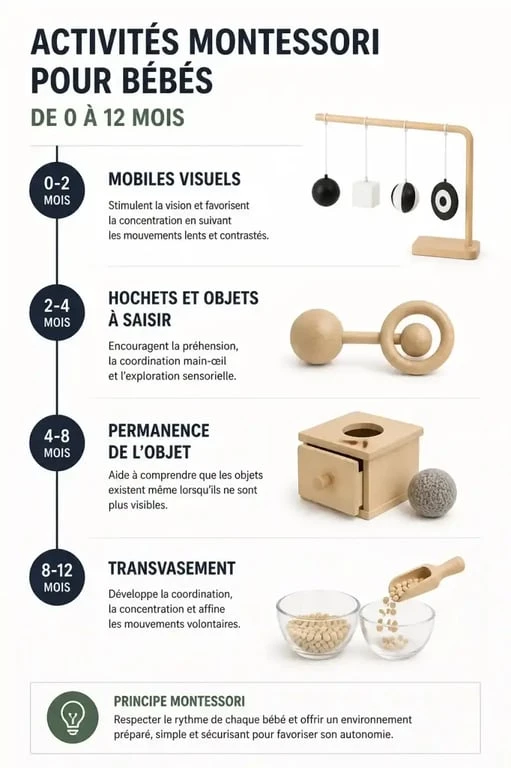 Timeline des activités Montessori pour les bébés de 0 à 12 mois