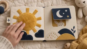 Livre sensoriel bebe en tissu et carton sur tapis d’éveil
