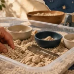 Bac sensoriel avec sable et bols, pour activités sensorielles enfant