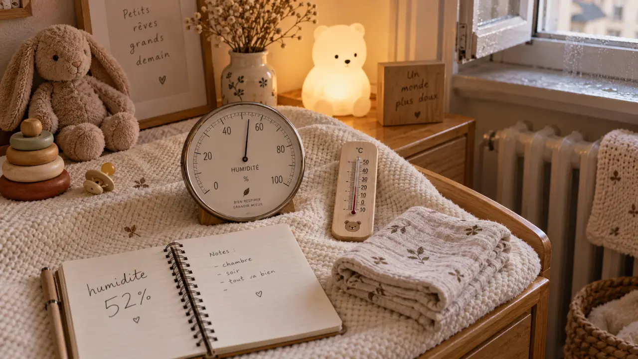 Hygromètre dans chambre humide bebe, humidité 52%