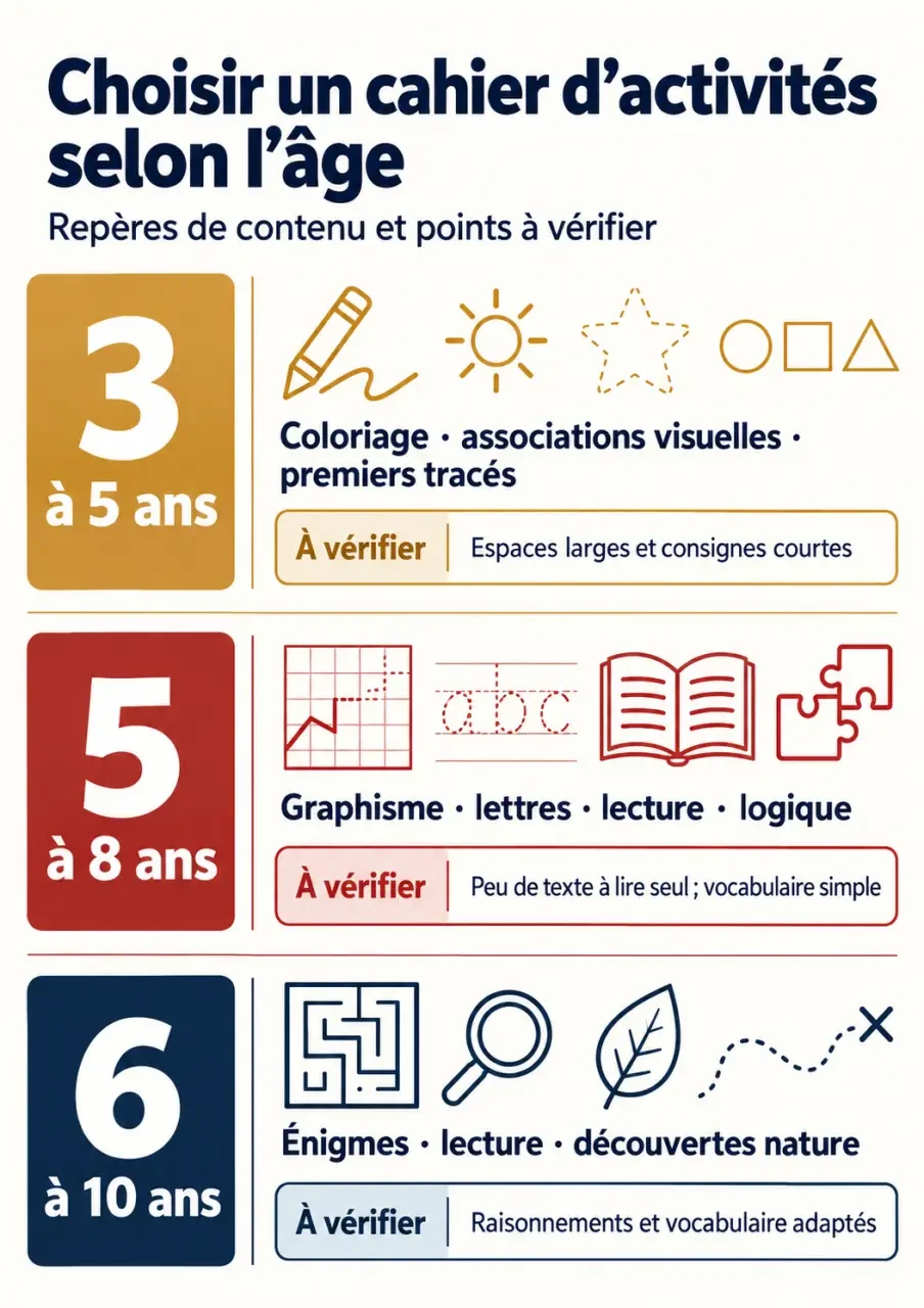 Infographie pour choisir un cahier d’activités selon l’âge, le contenu et la difficulté