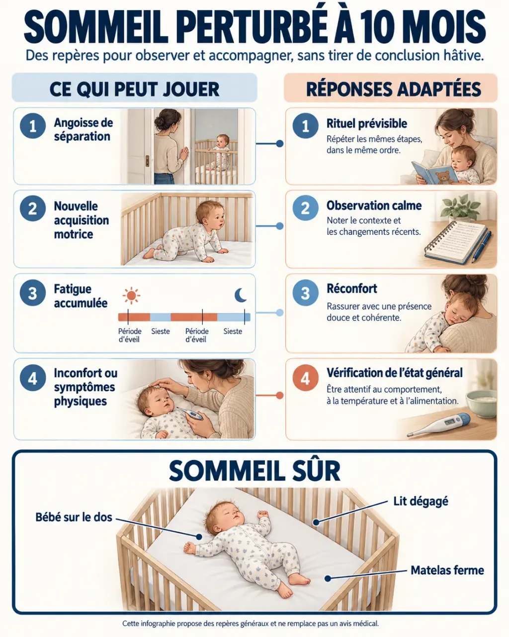 Infographie sur le sommeil bébé 10 mois perturbé, ses causes possibles et les règles de sommeil sûr
