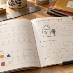 Cahier d activités ouvert : pages intérieures et consignes, fournitures