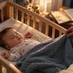 Sommeil bébé 10 mois perturbé, bébé endormi en lit avec main rassurante